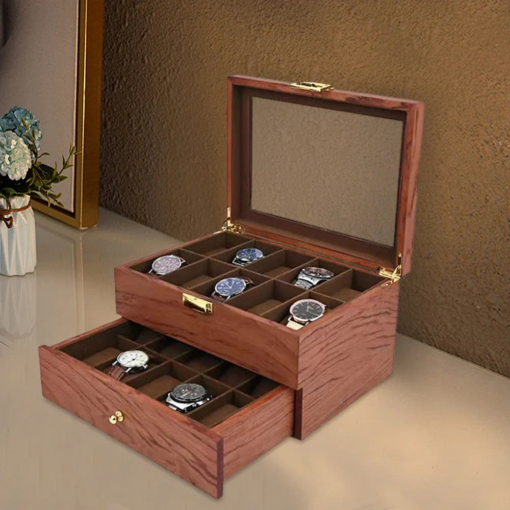 Coffret à montres en bois ouvert avec deux niveaux et 20 emplacements