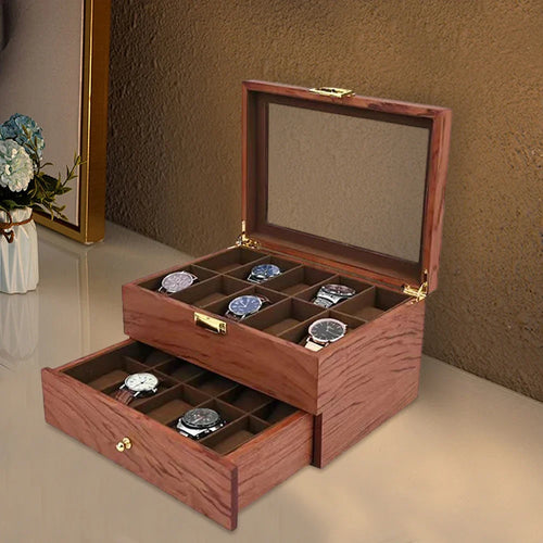Coffret à montres en bois ouvert avec deux niveaux et 20 emplacements