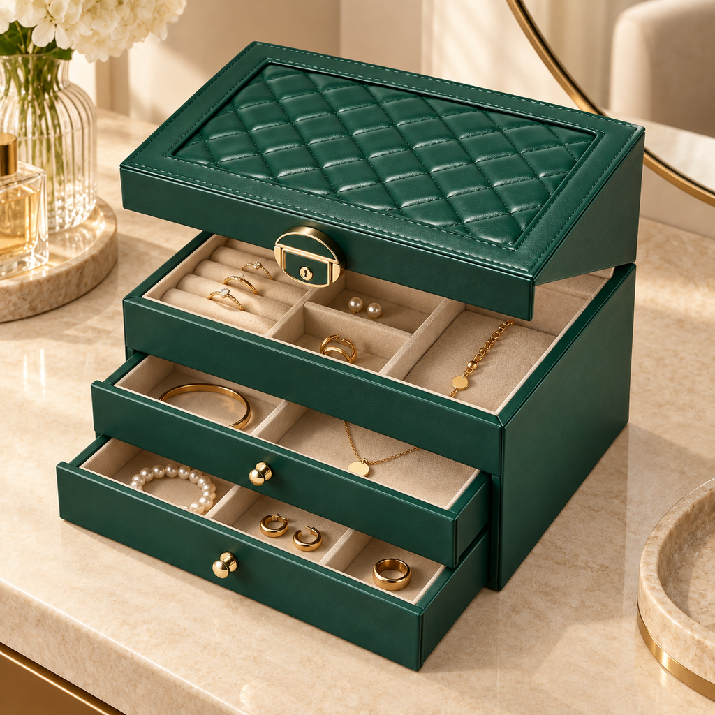 Coffret à Bijoux Élégance vert dans un dressing lumineux