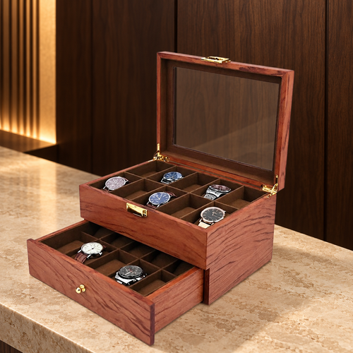 Coffret Horloger Grand Héritage ouvert, finition bois de rose, pour 20 montres