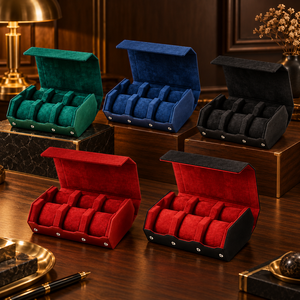 Les cinq coloris du Coffret Horloger Hexagone 6 montres