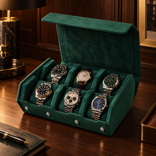 Coffret Horloger Hexagone vert émeraude pour six montres