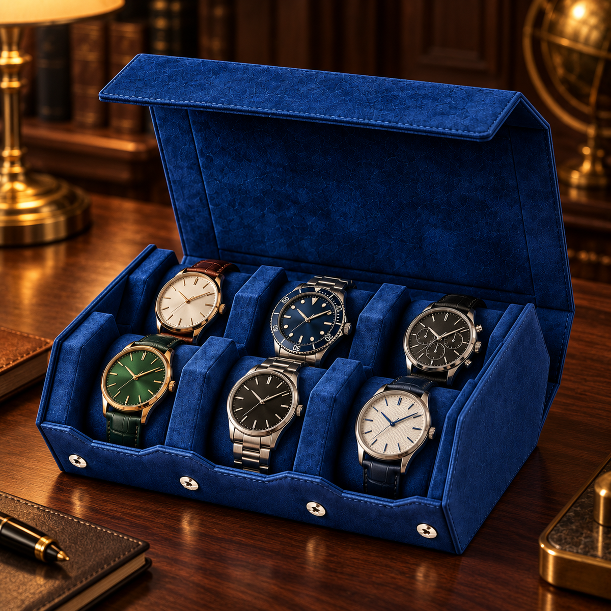 Coffret Horloger Hexagone bleu nuit pour six montres dans un intérieur premium