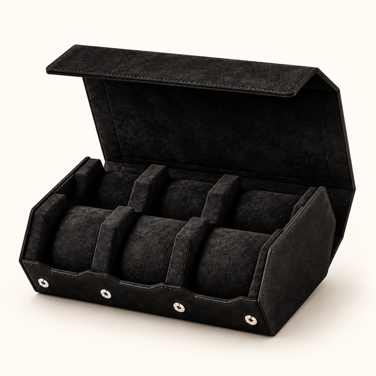 Coffret Horloger Hexagone noir intense ouvert avec six emplacements