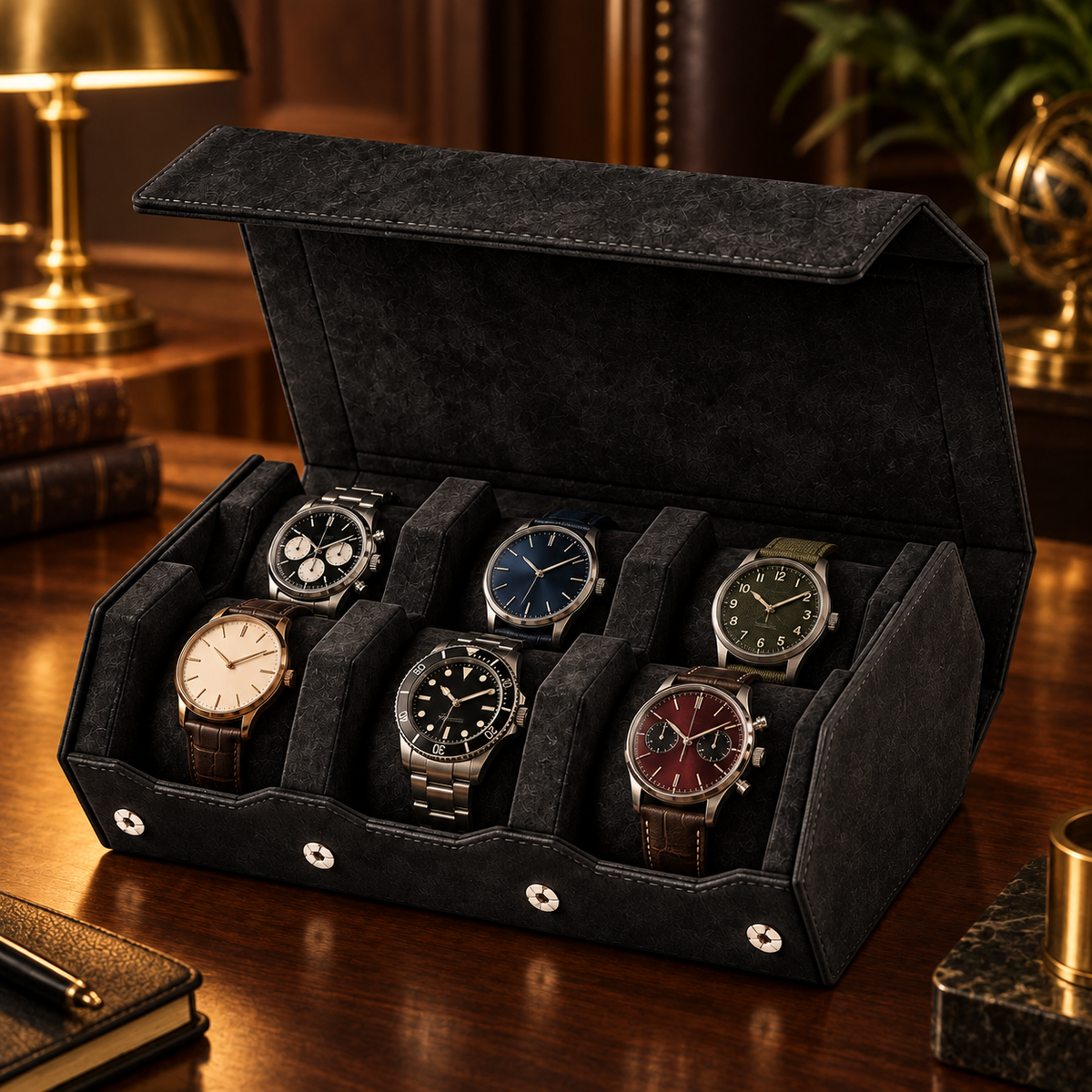 Coffret Horloger Hexagone noir intense pour six montres dans un intérieur premium