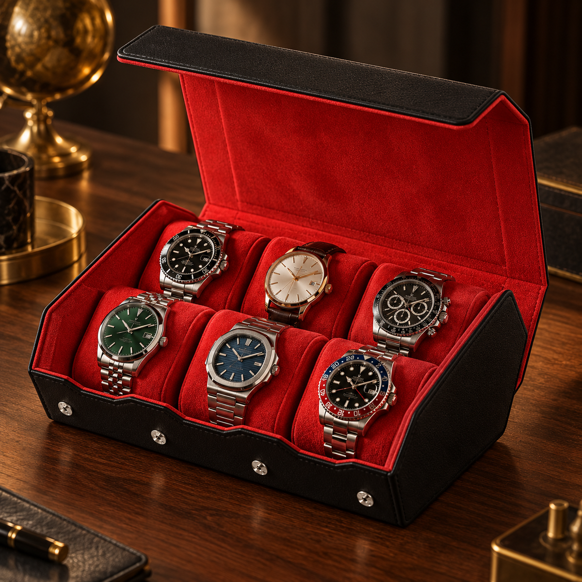 Coffret Horloger Hexagone noir et rouge pour six montres dans un intérieur premium