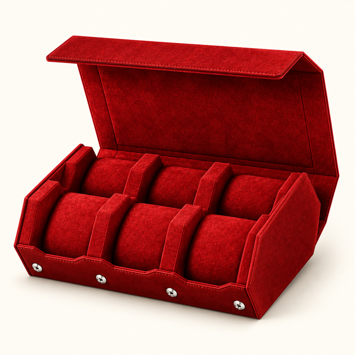 Coffret Horloger Hexagone rouge profond ouvert avec six emplacements