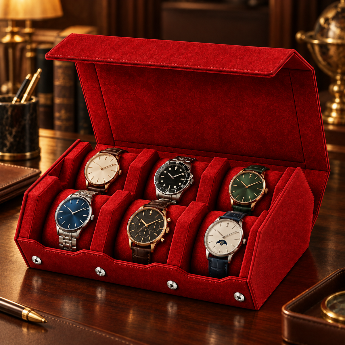 Coffret Horloger Hexagone rouge profond pour six montres dans un intérieur premium