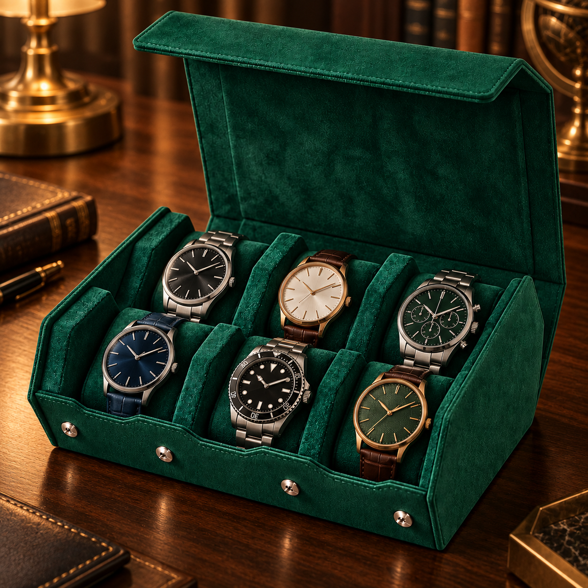 Coffret Horloger Hexagone vert émeraude pour six montres dans un intérieur premium