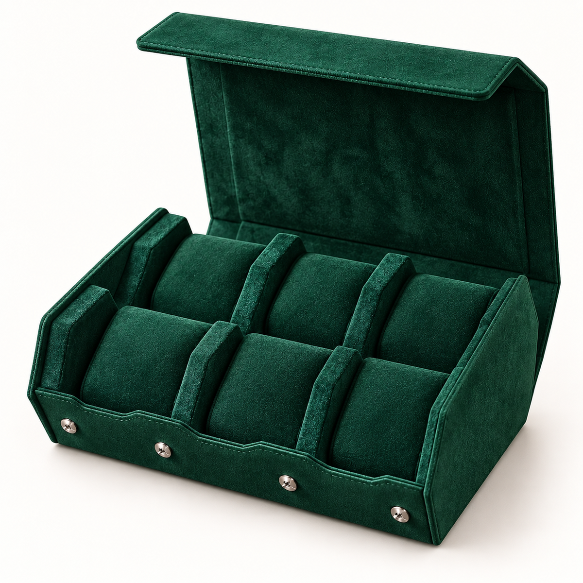 Coffret Horloger Hexagone vert émeraude ouvert pour six montres