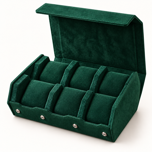 Coffret Horloger Hexagone vert émeraude ouvert pour six montres
