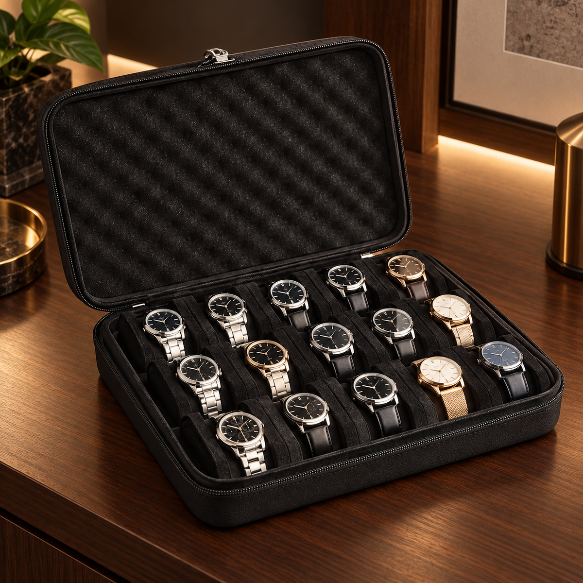 Mallette Grand Collectionneur ouverte pour quinze montres dans un intérieur premium