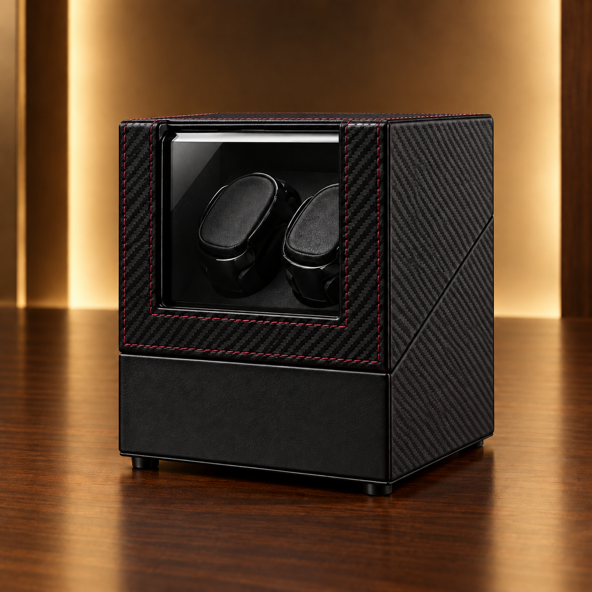 Remontoir automatique Duo Minuit noir carbone à surpiqûres rouges pour deux montres