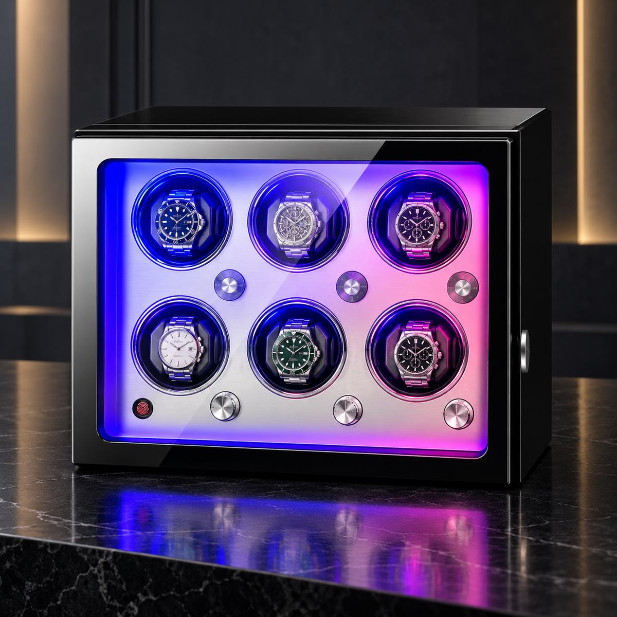 Remontoir Automatique Souverain 6 montres avec éclairage LED multicolore et verrouillage par empreinte digitale