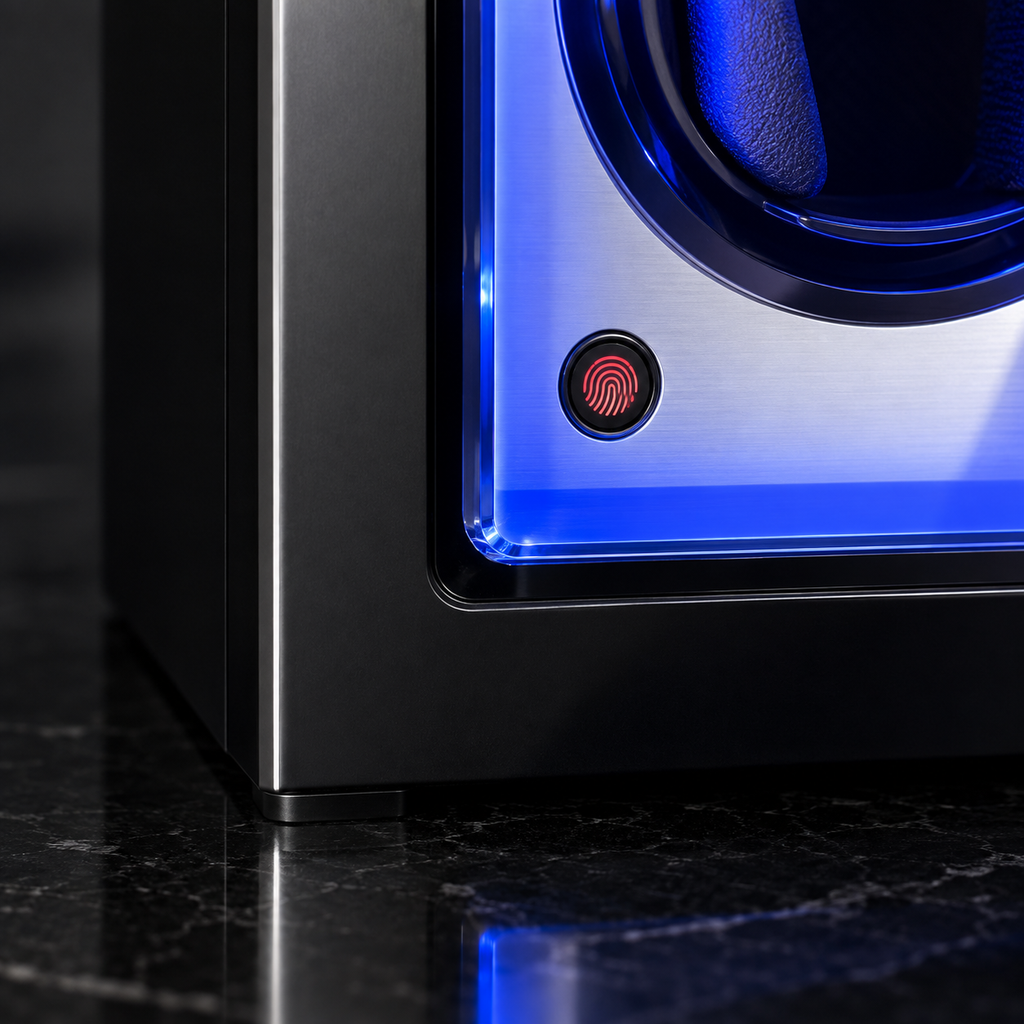 Détail du verrouillage par empreinte digitale et de l’éclairage LED du Remontoir Souverain